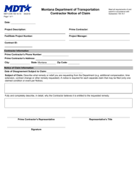 Document preview: Form MDT-CON-105-16-1A Contractor Notice of Claim - Montana