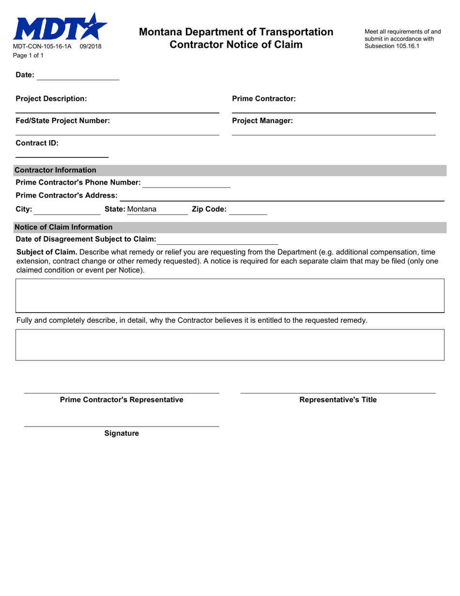 Form MDT-CON-105-16-1A Contractor Notice of Claim - Montana, Page 1