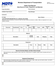Form MDT-CON-105-16-1 Claim Cost Record - Daily Record of Labor, Equipment, and Materials - Montana
