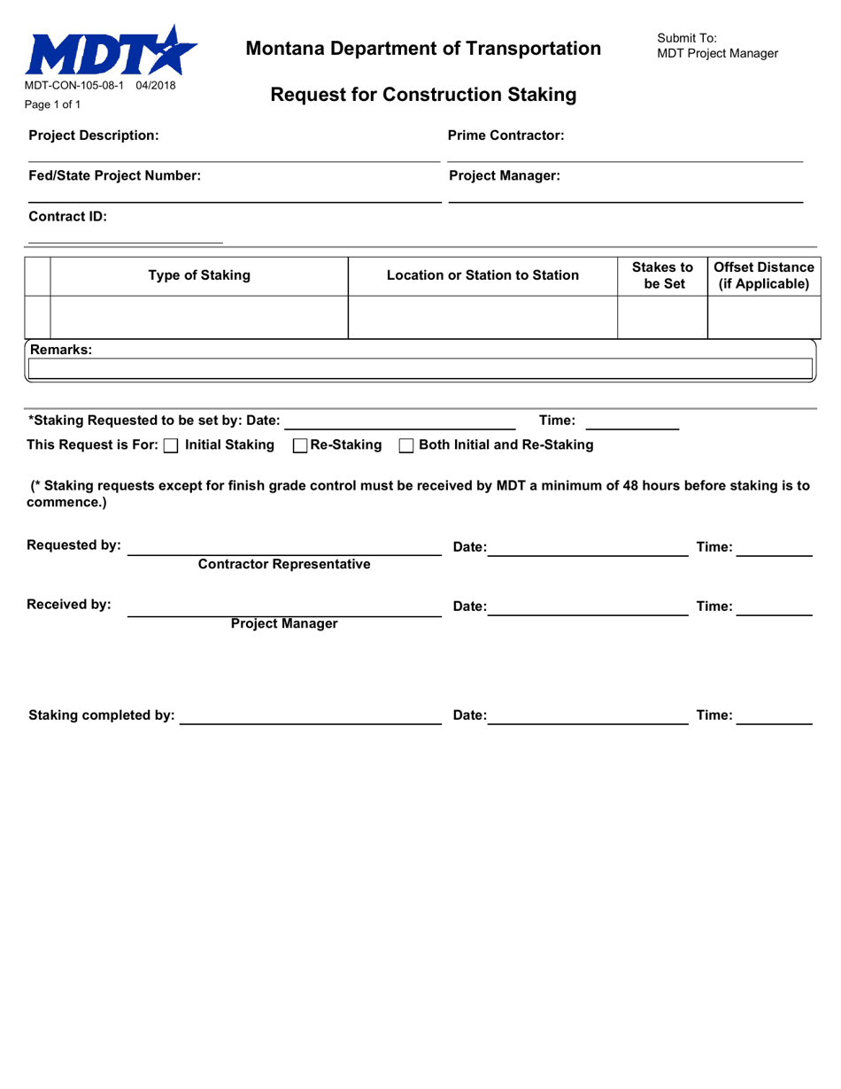 Form MDT-CON-105-08-1 Request for Construction Staking - Montana, Page 1