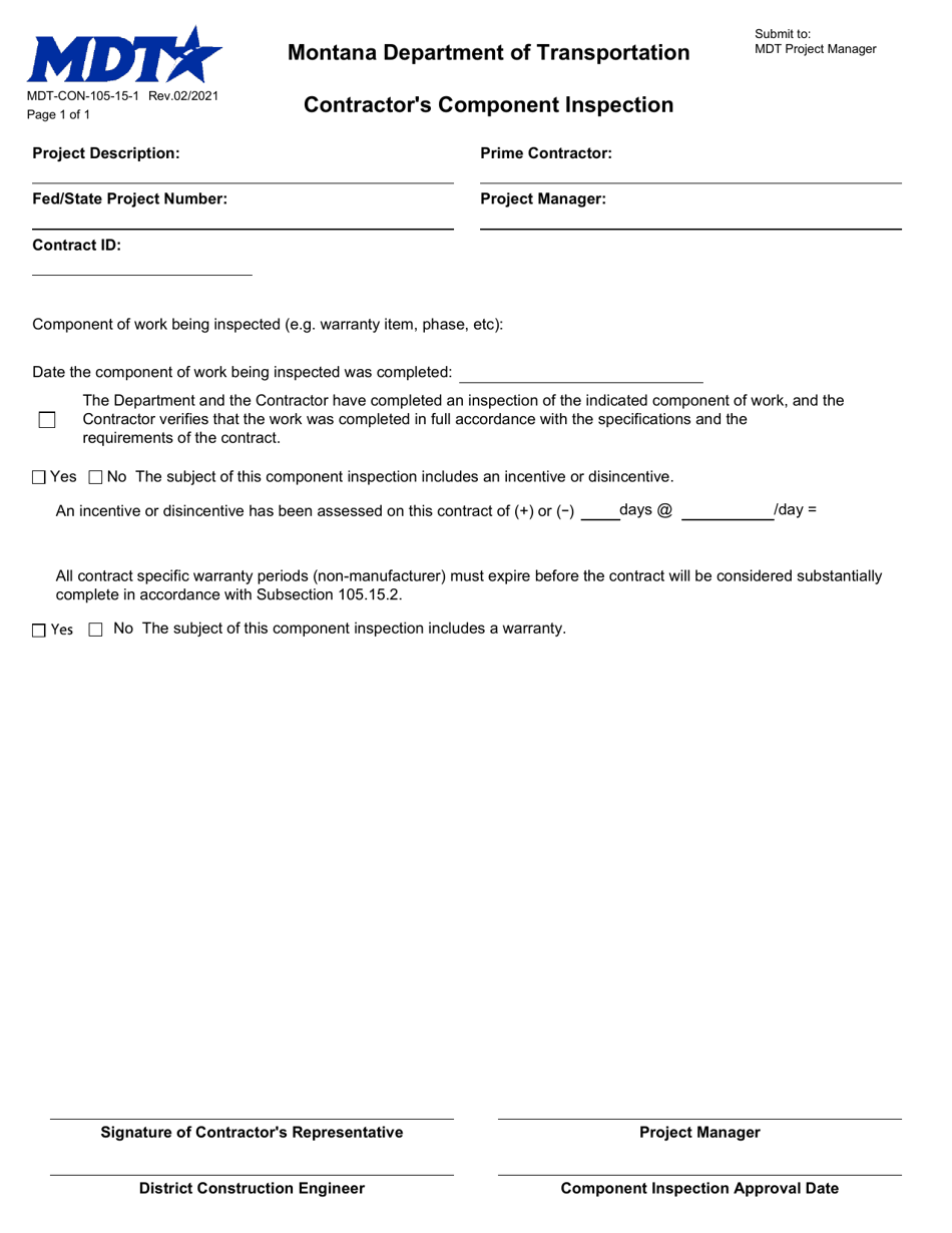 Form MDT-CON-105-15-1 Contractor's Component Inspection - Montana, Page 1