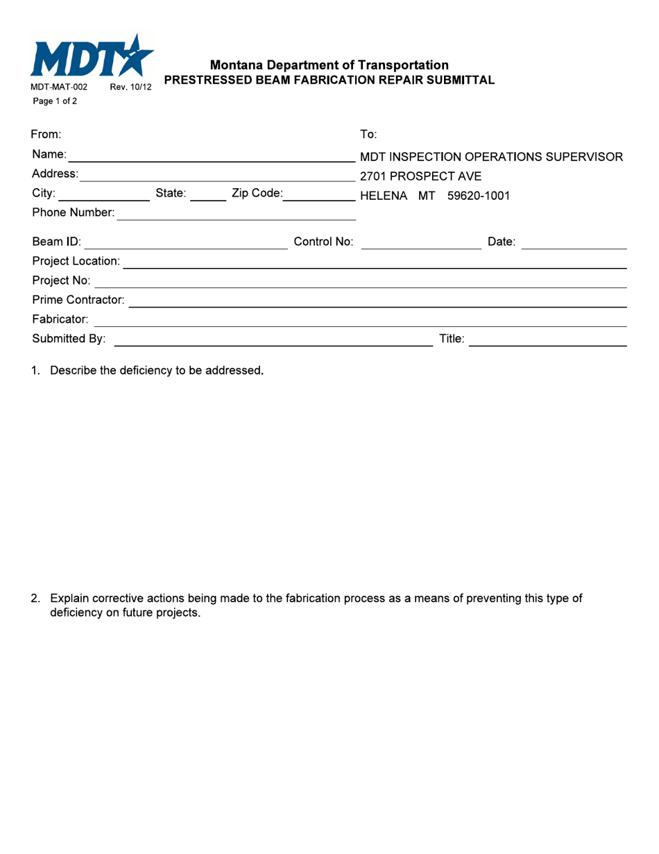 Form MDT-MAT-002 Prestressed Beam Fabrication Repair Submittal - Montana, Page 1
