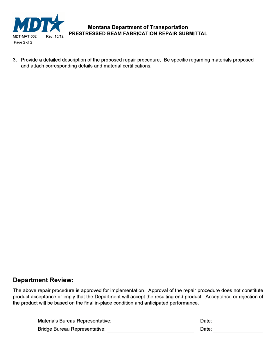 Form MDT-MAT-002 Prestressed Beam Fabrication Repair Submittal - Montana, Page 2