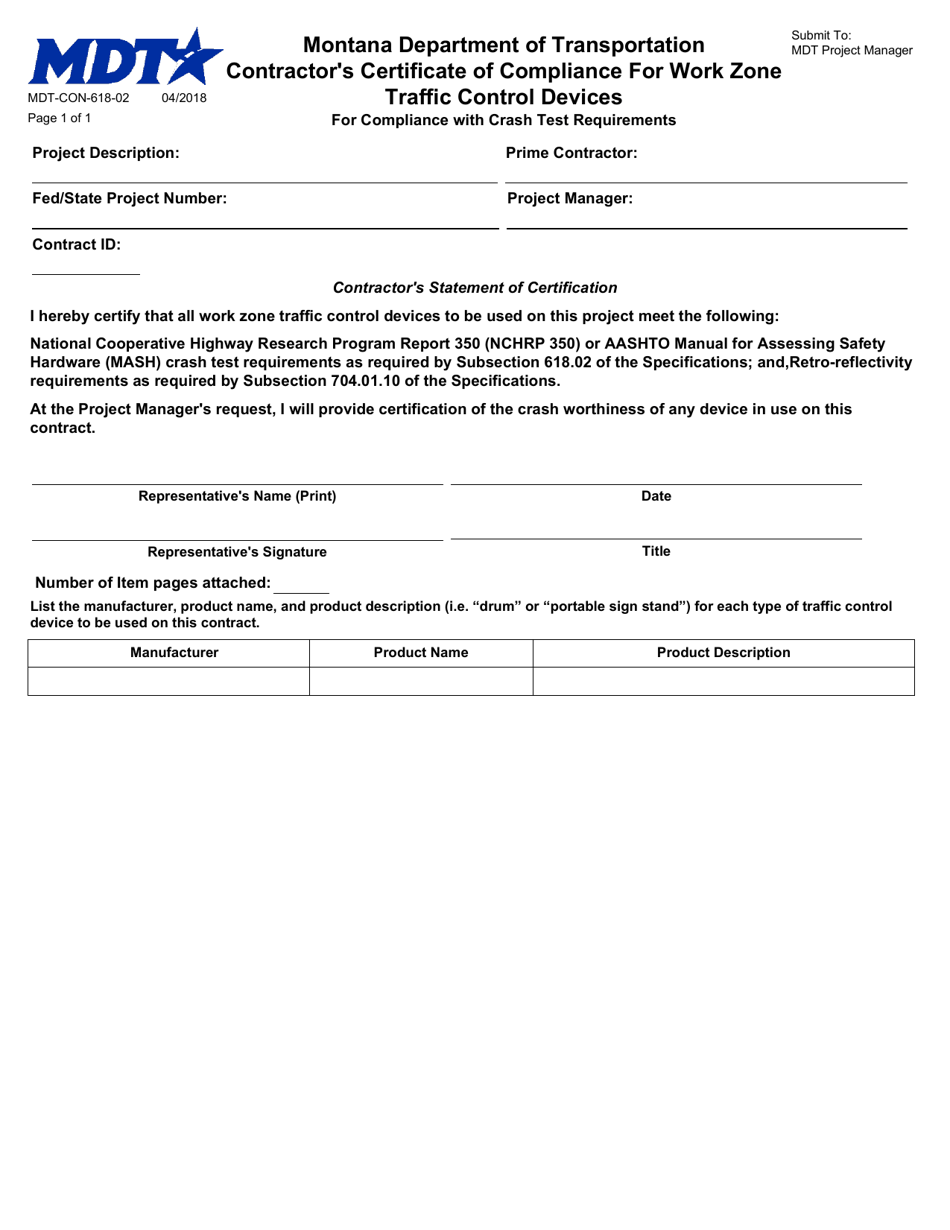 Form MDT-CON-618-02 Contractor's Certificate of Compliance for Work Zone Traffic Control Devices - Montana, Page 1