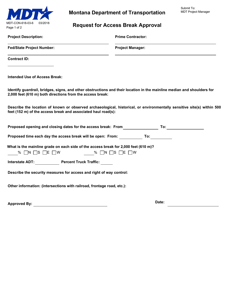 Form MDT-CON-618-03-6 Request for Access Break Approval - Montana, Page 1