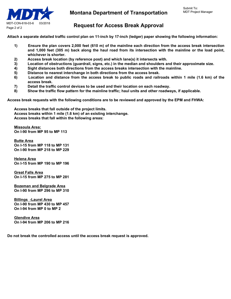 Form MDT-CON-618-03-6 Request for Access Break Approval - Montana, Page 2