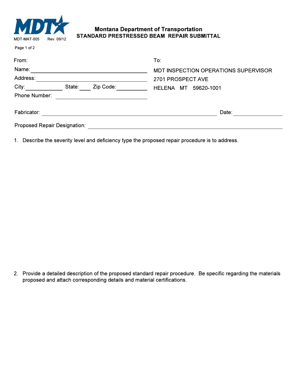 Form MDT-MAT-005 Standard Prestressed Beam Repair Submittal - Montana, Page 1