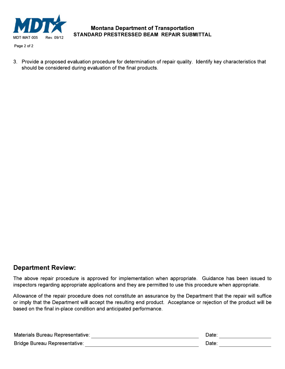 Form MDT-MAT-005 Standard Prestressed Beam Repair Submittal - Montana, Page 2