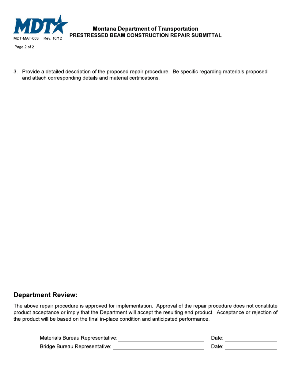 Form MDT-MAT-003 Prestressed Beam Construction Repair Submittal - Montana, Page 2