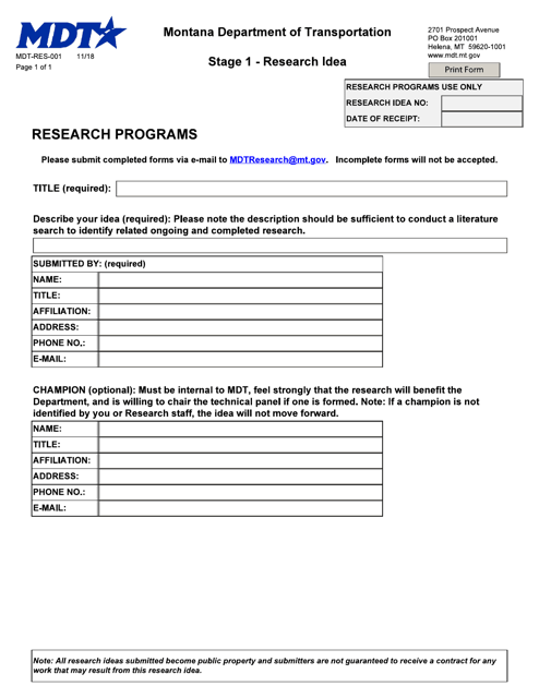 Form MDT-RES-001 Stage 1 - Research Idea - Montana