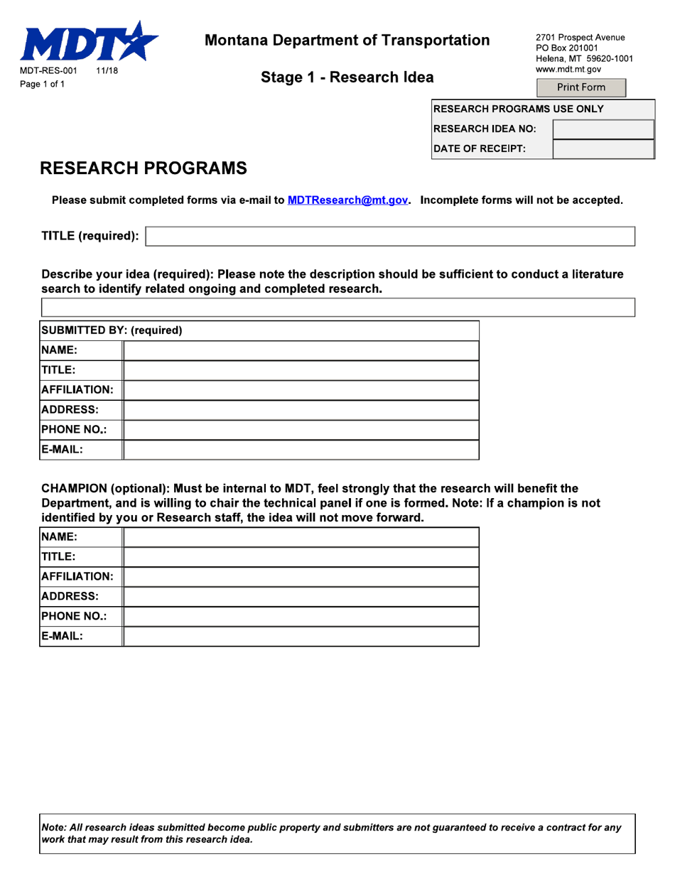 Form MDT-RES-001 Stage 1 - Research Idea - Montana, Page 1