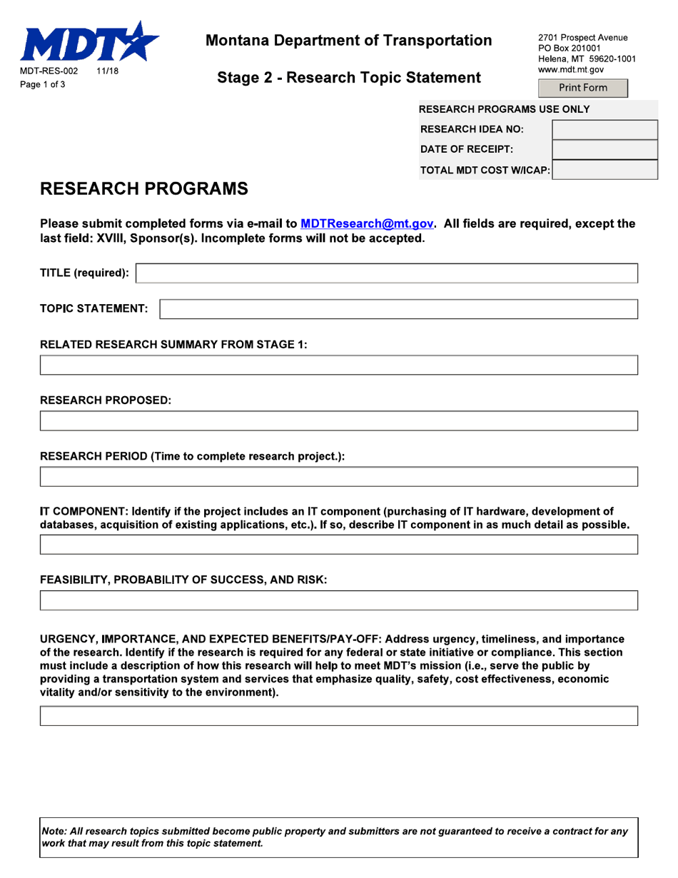 Form MDT-RES-002 Stage 2 - Research Topic Statement - Montana, Page 1