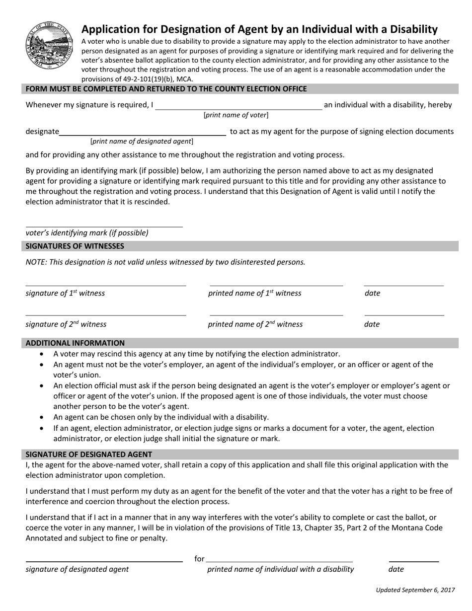 Application for Designation of Agent by an Individual With a Disability - Montana, Page 1