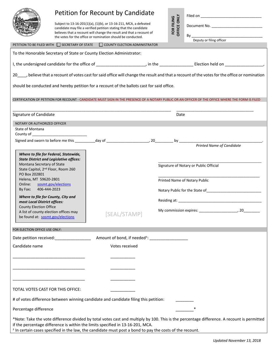 Montana Petition for Recount by Candidate Download Printable PDF ...