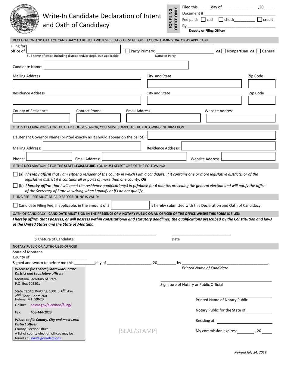 Write-In Candidate Declaration of Intent and Oath of Candidacy - Montana, Page 1