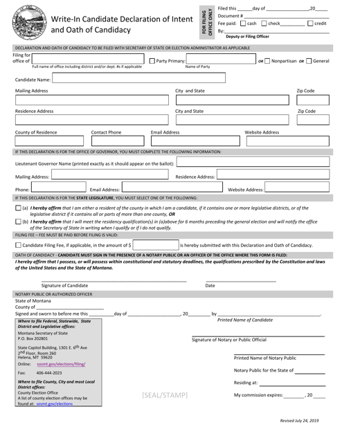 Write-In Candidate Declaration of Intent and Oath of Candidacy - Montana Download Pdf