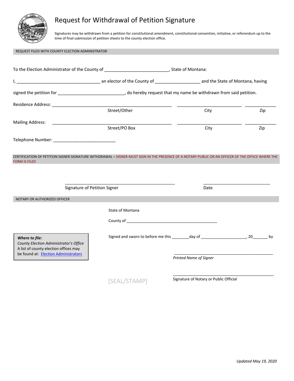 Request for Withdrawal of Petition Signature - Montana, Page 1