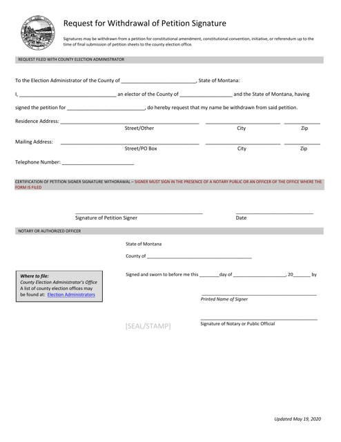 Request for Withdrawal of Petition Signature - Montana Download Pdf