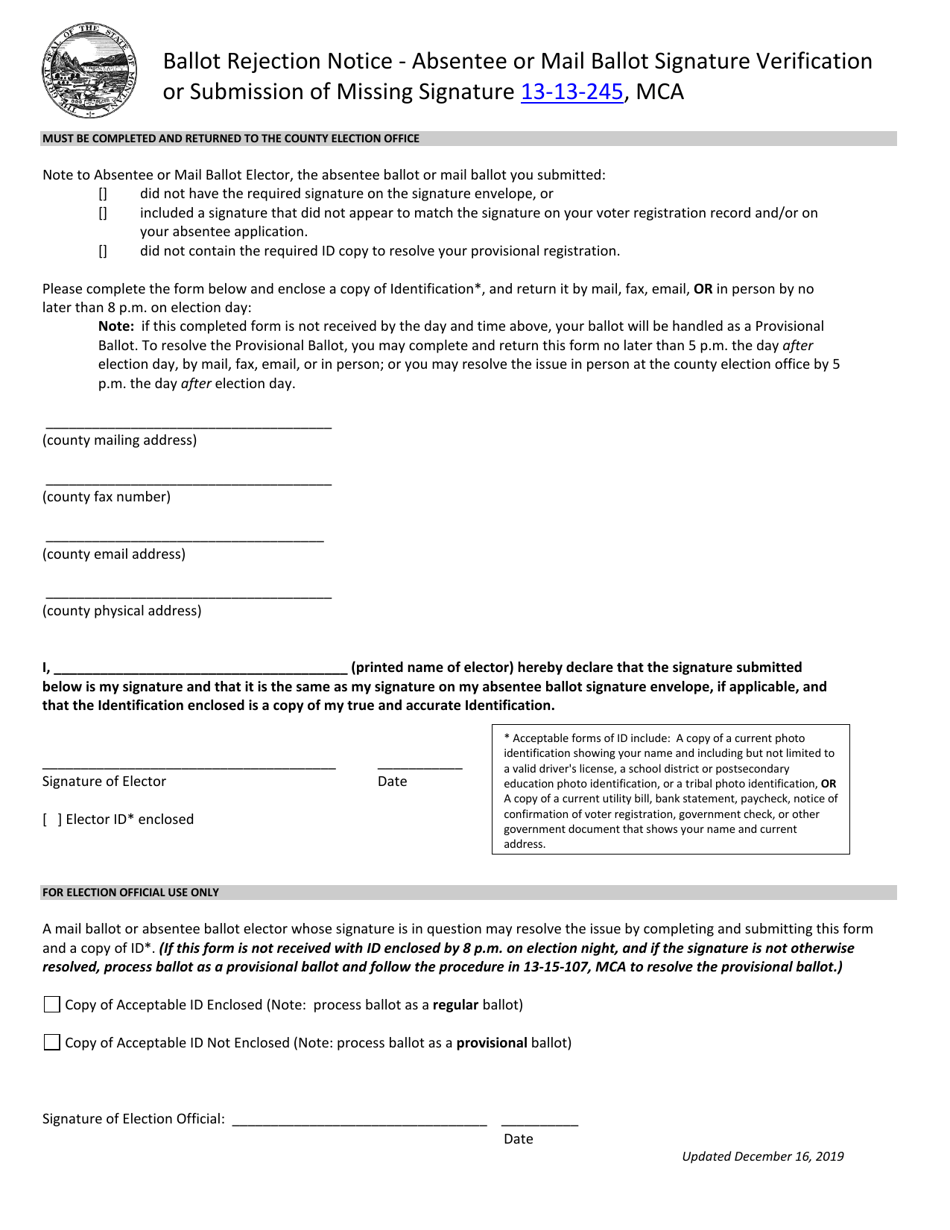 Ballot Rejection Notice - Absentee or Mail Ballot Signature Verification or Submission of Missing Signature - Montana, Page 1