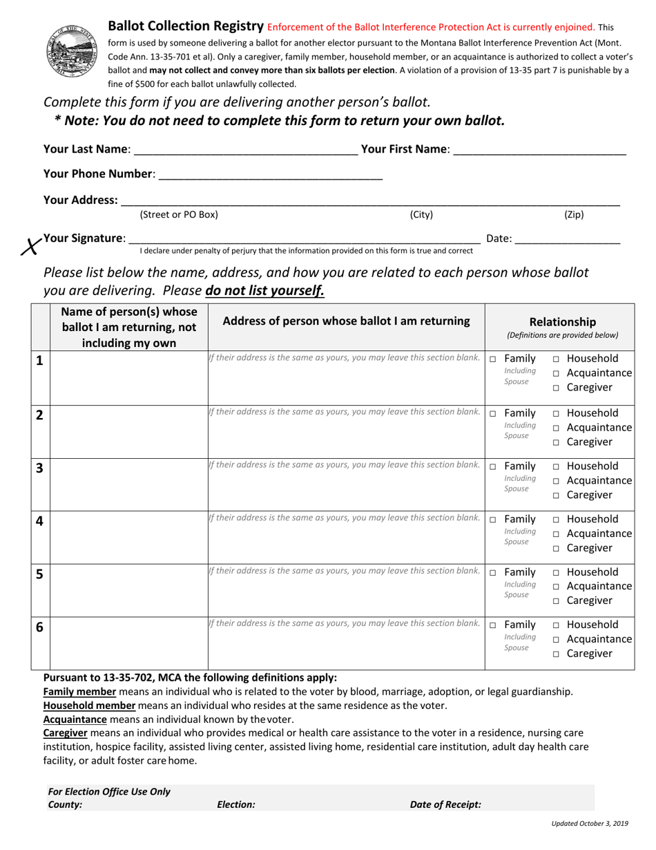 Montana Ballot Interference Prevention Act Ballot Collection Registry Form - Montana, Page 1