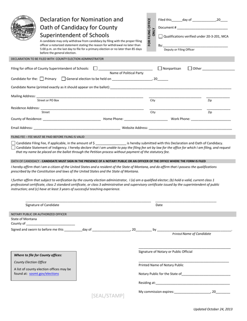 Declaration for Nomination and Oath of Candidacy for County Superintendent of Schools - Montana Download Pdf