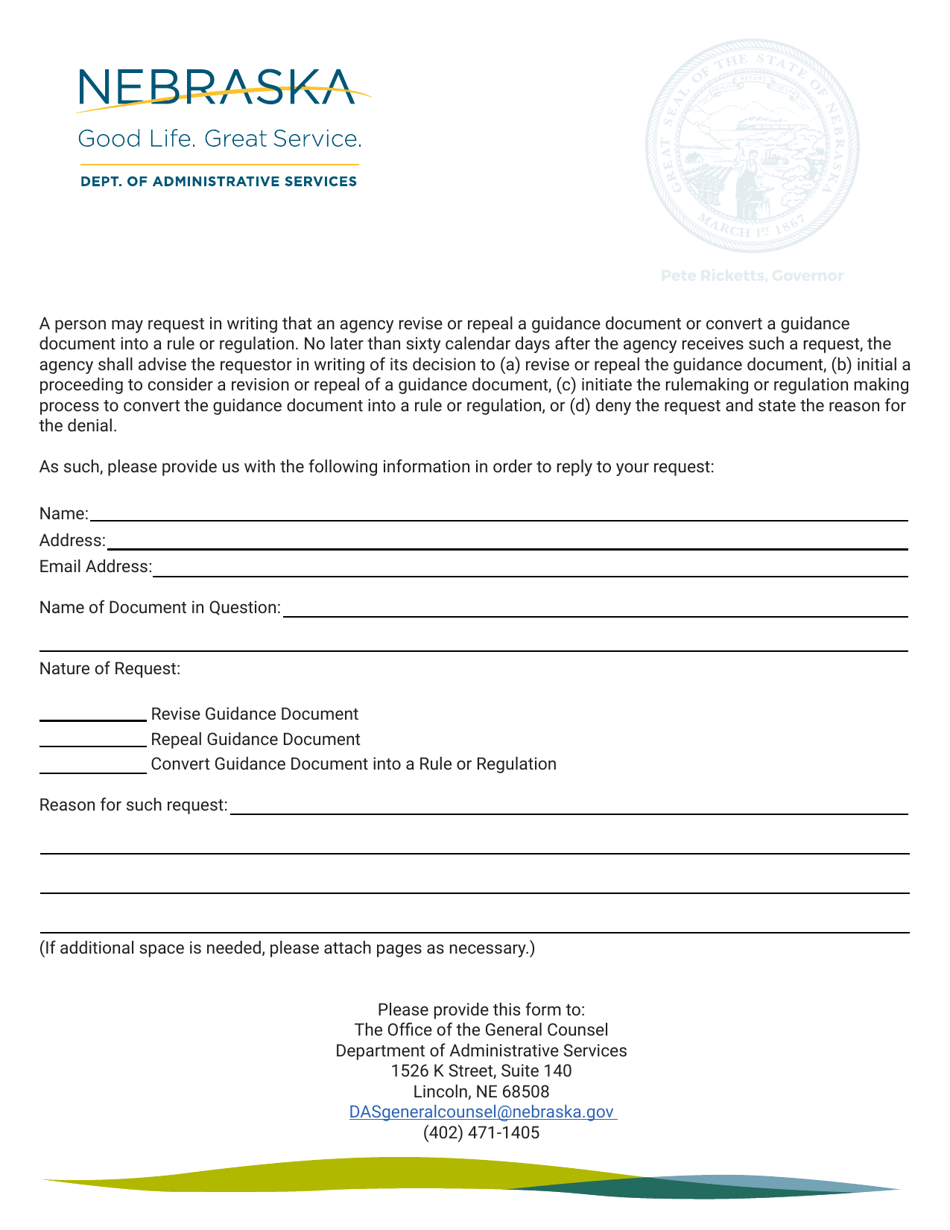 Guidance Document Request Form - Nebraska, Page 1