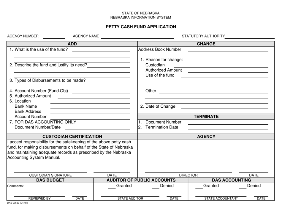 Form DAS-02-29 Petty Cash Fund Application - Nebraska, Page 1