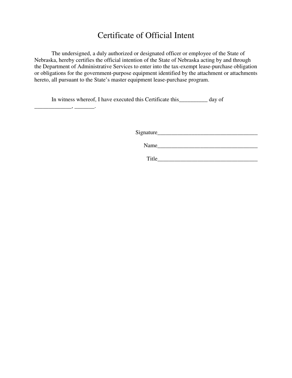 Certificate of Official Intent - Nebraska, Page 1
