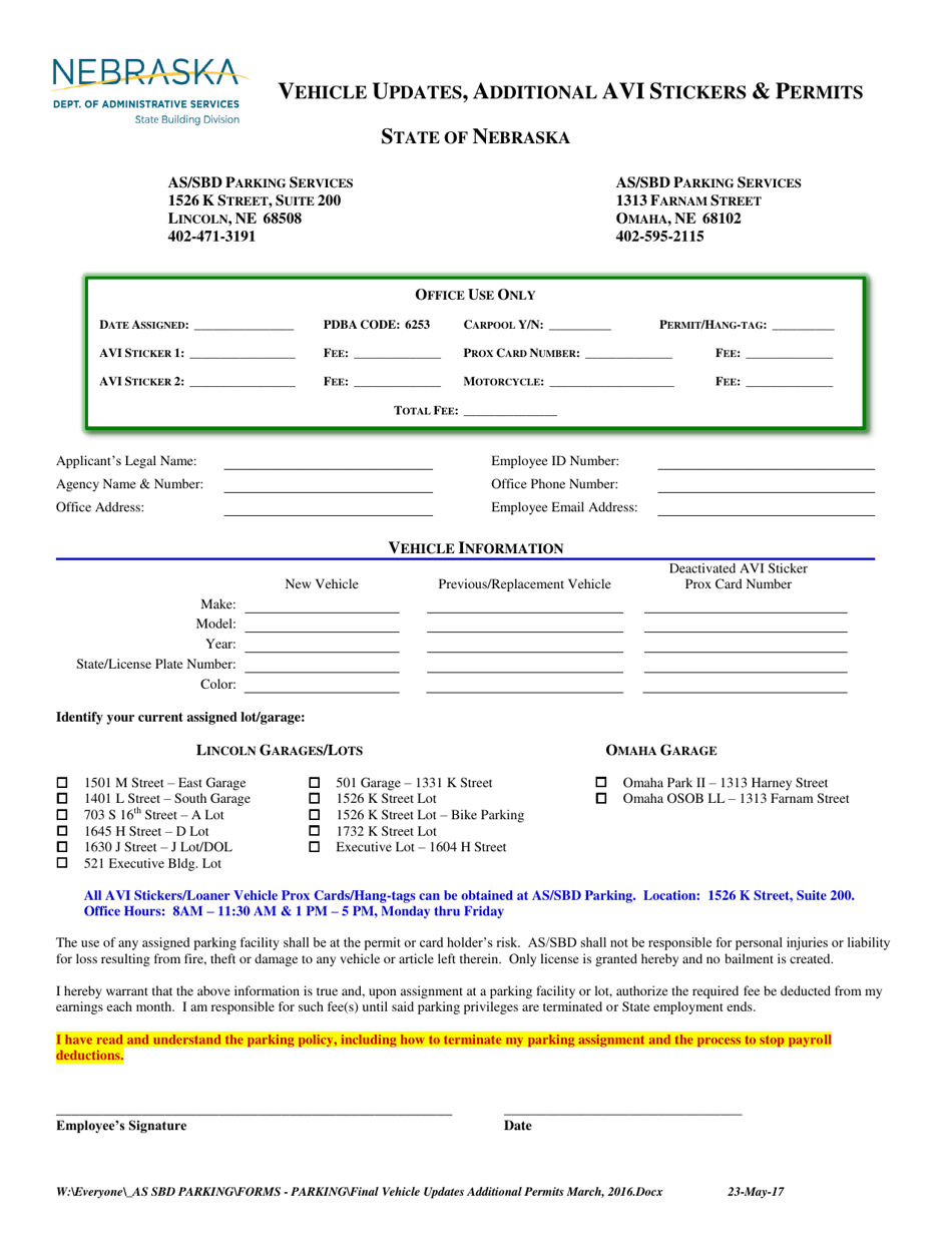 Vehicle Updates, Additional Avi Stickers  Permits - Nebraska, Page 1