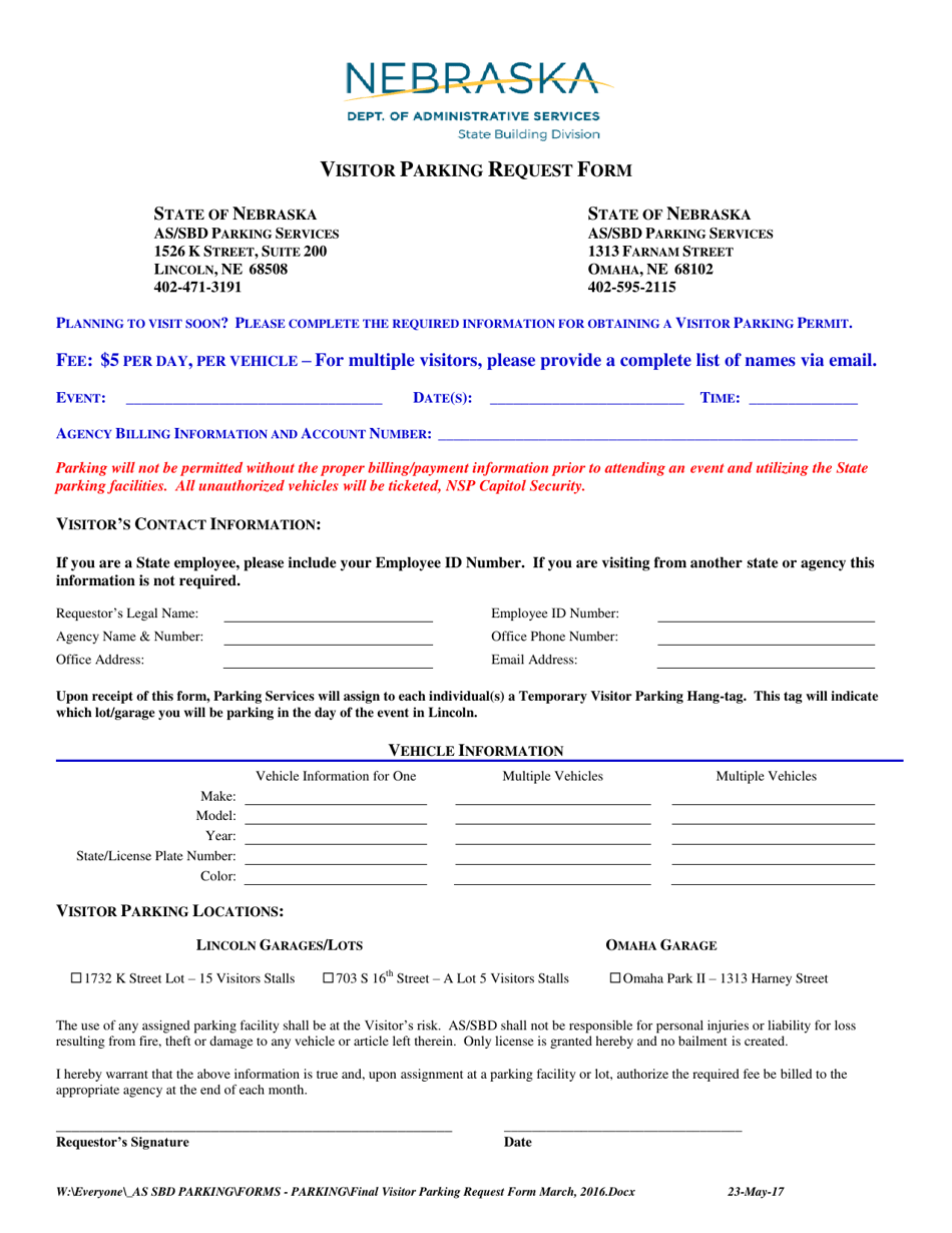 Visitor Parking Request Form - Nebraska, Page 1