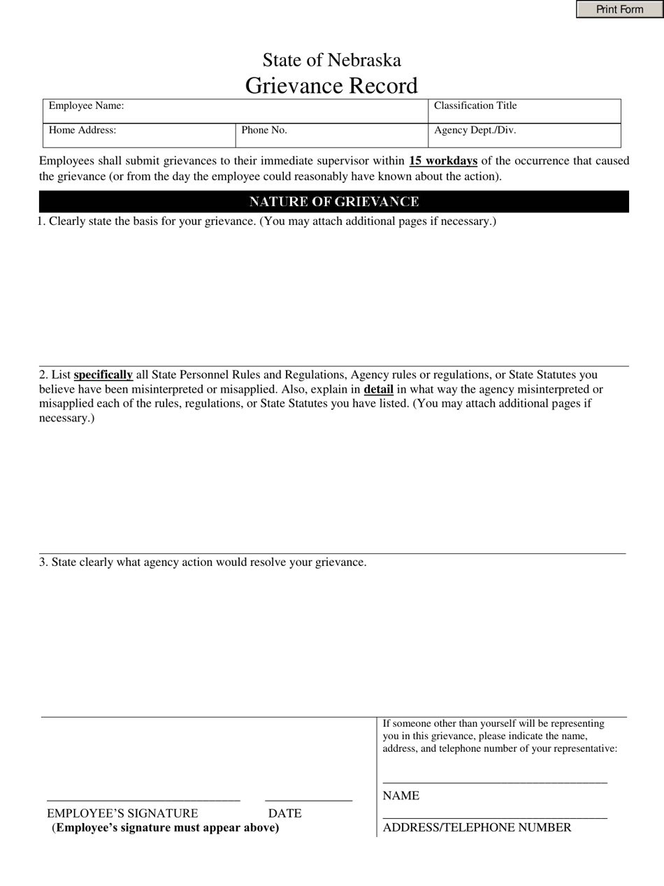 SPS Form 9 Grievance Record - Nebraska, Page 1