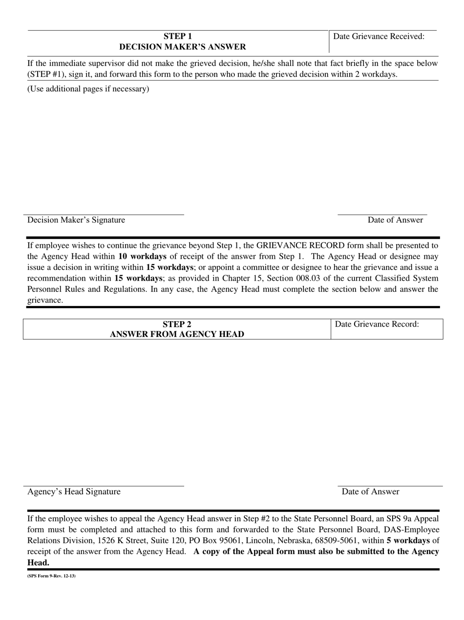 SPS Form 9 Grievance Record - Nebraska, Page 2