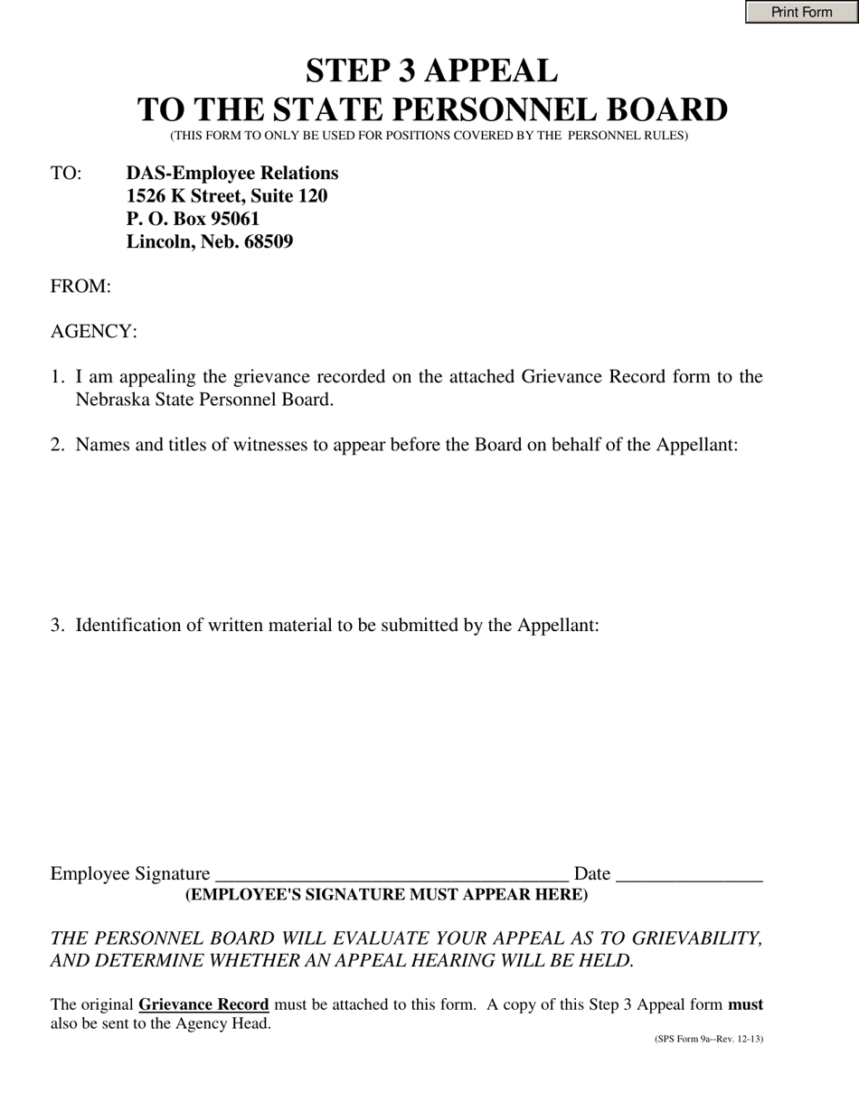 SPS Form 9A Step 3 Appeal to the State Personnel Board - Nebraska, Page 1