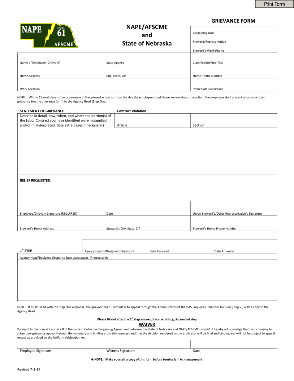 Grievance Form - Nape / Afscme - Nebraska, Page 1