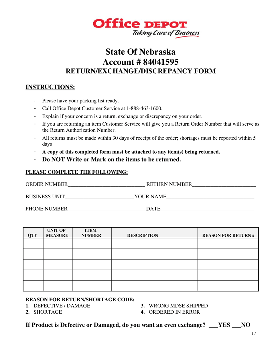 Return / Exchange / Discrepancy Form - Nebraska, Page 1