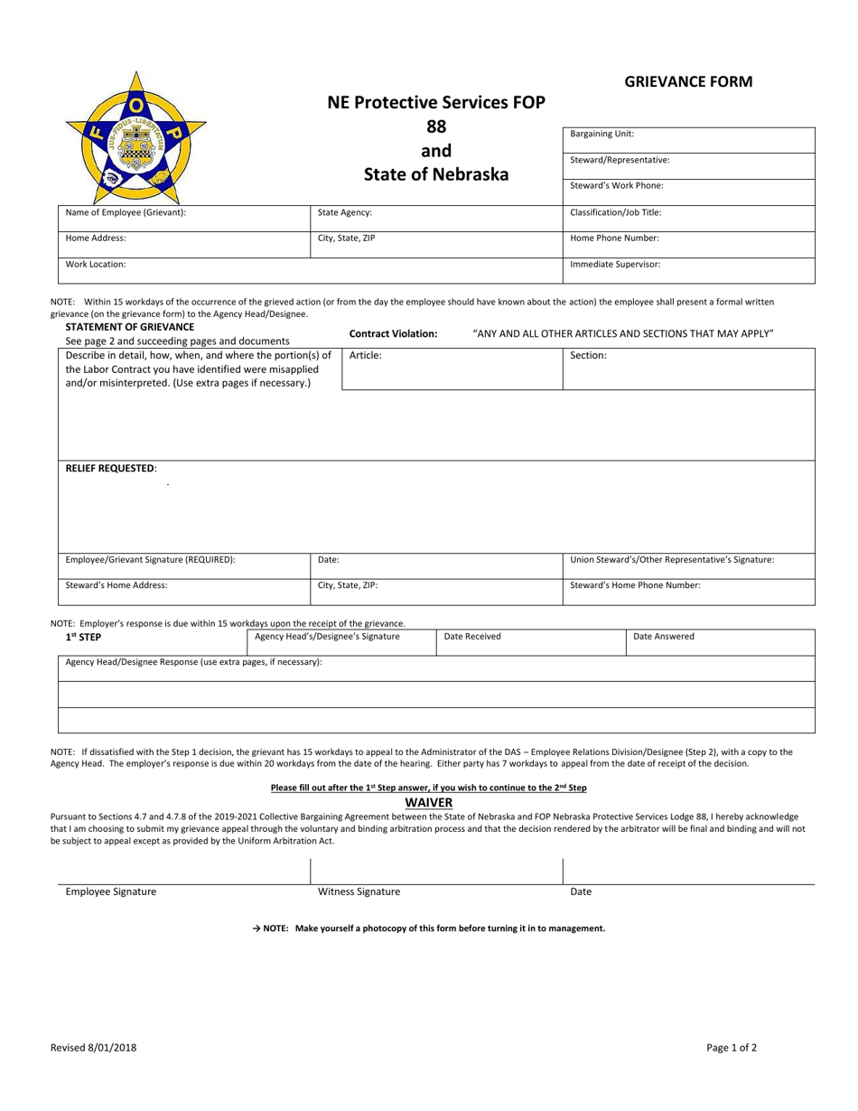 Grievance Form - Ne Protective Services Fop 88 and State of Nebraska - Nebraska, Page 1