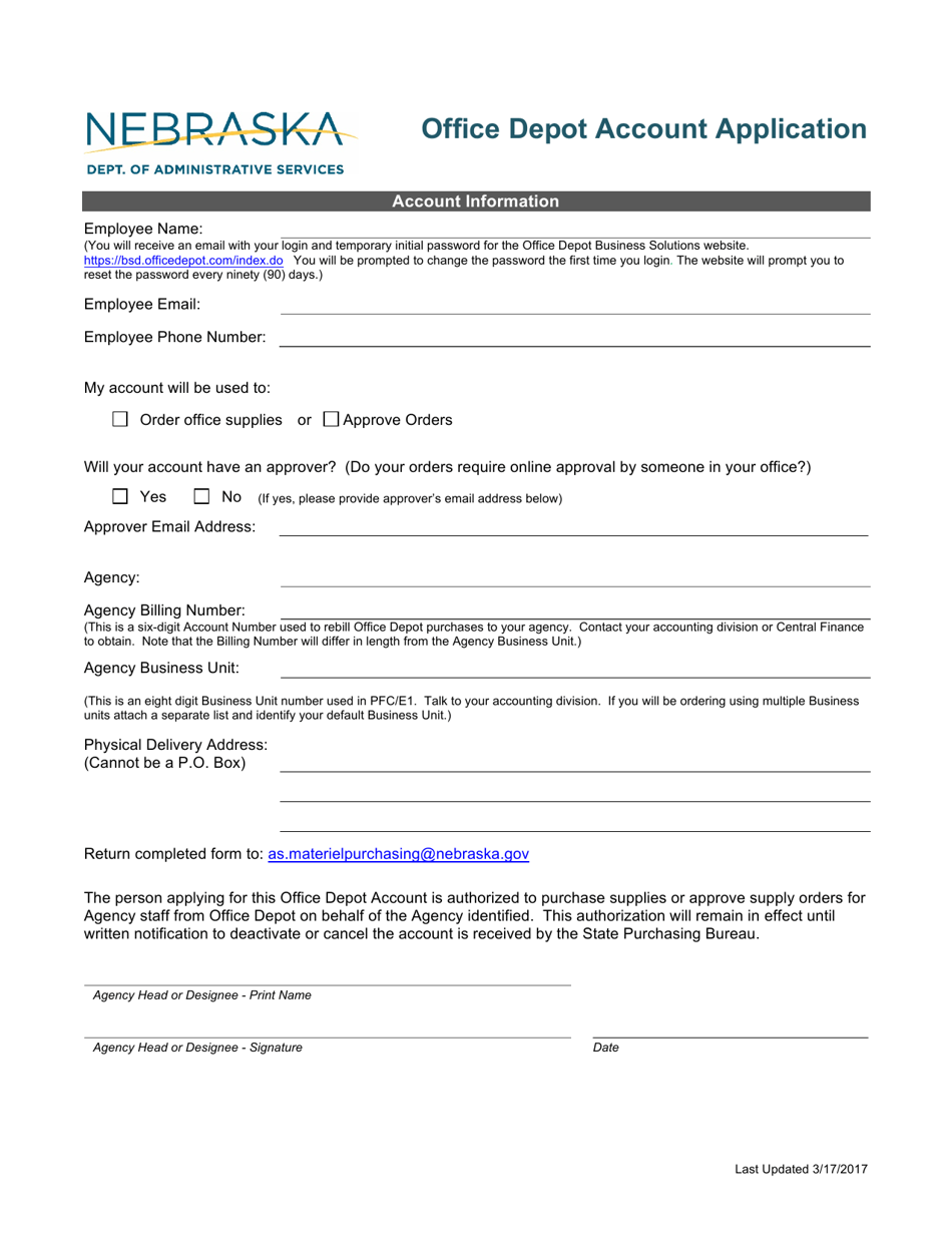 Office Depot Account Application - Nebraska, Page 1