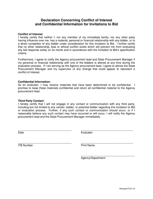 Declaration Concerning Conflict of Interest and Confidential Information for Invitations to Bid - Nebraska Download Pdf