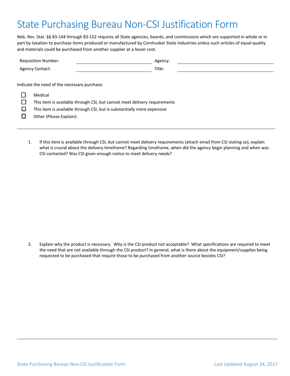 State Purchasing Bureau Non-csi Justification Form - Nebraska, Page 1