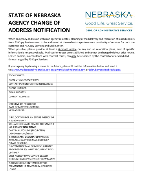 Agency Change of Address Notification - Nebraska Download Pdf