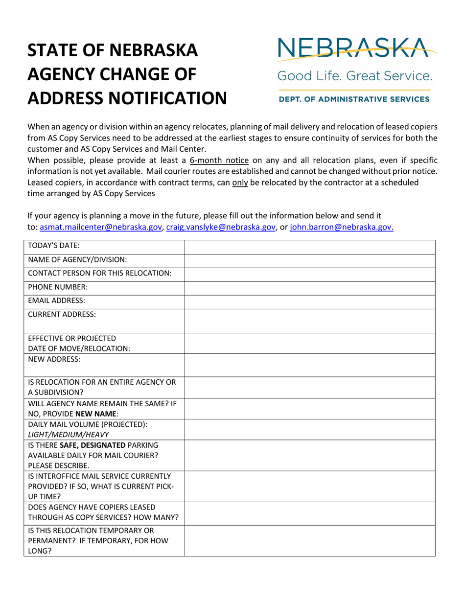 Agency Change of Address Notification - Nebraska, Page 1