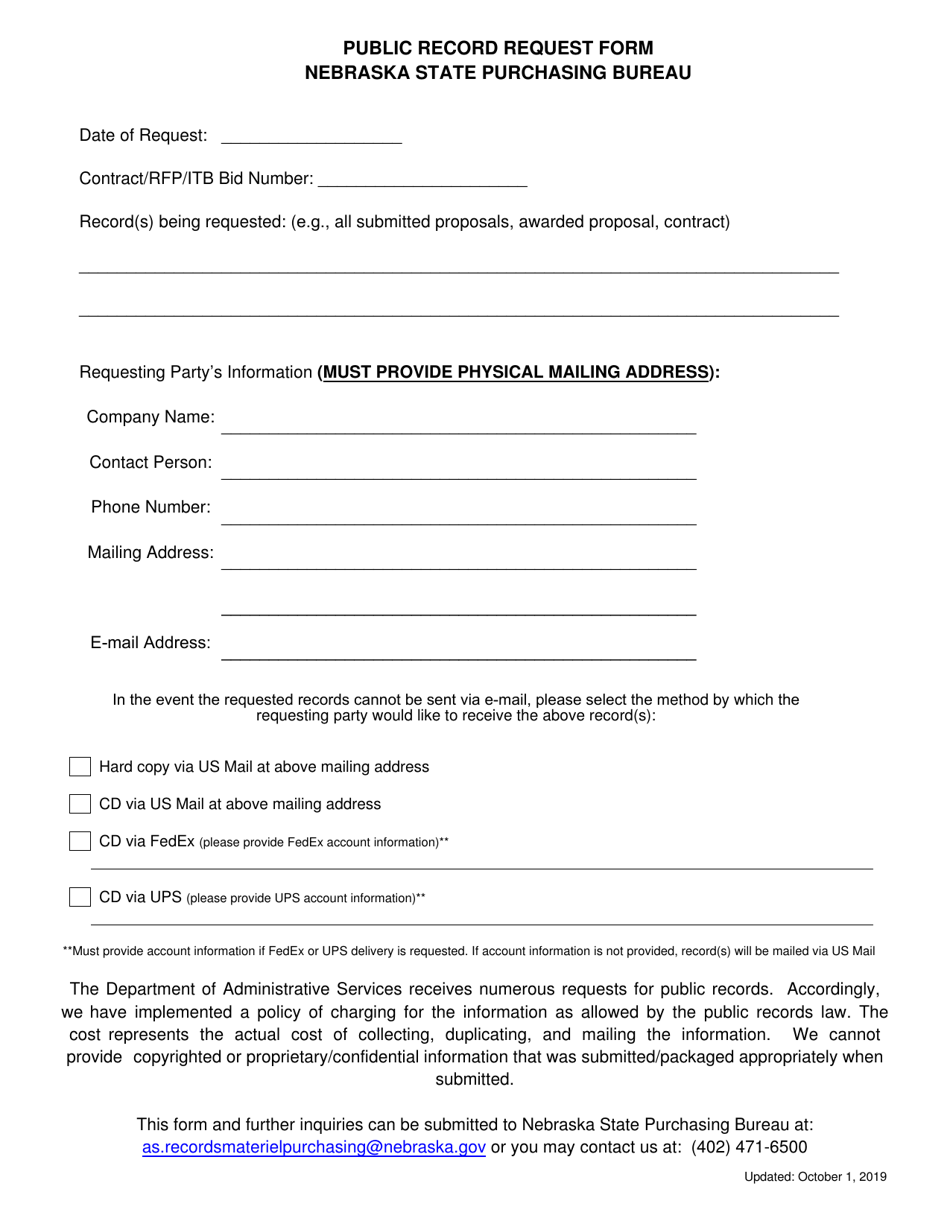 State Purchasing Bureau Records Request Form - Nebraska, Page 1
