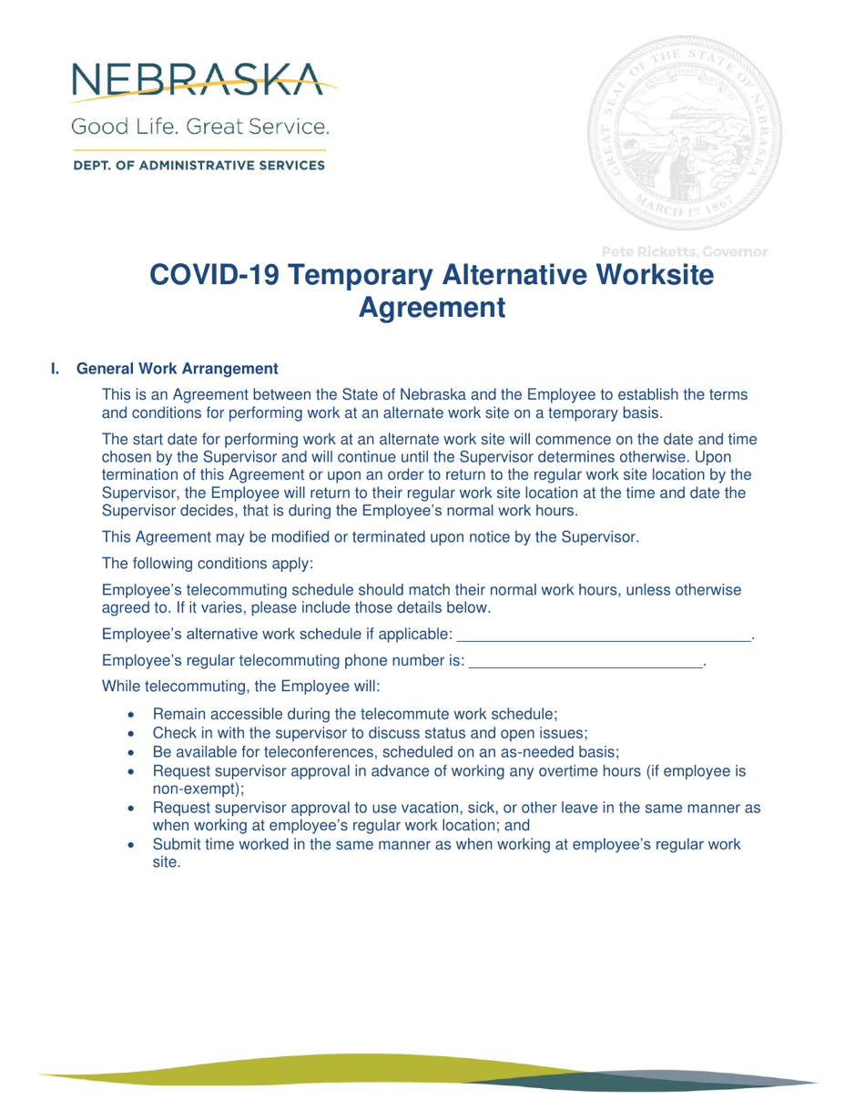 Covid-19 Temporary Alternative Worksite Agreement - Nebraska, Page 1