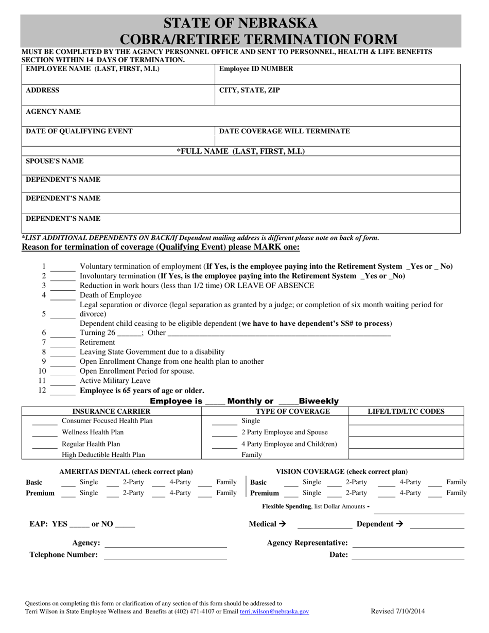 Nebraska Cobra/Retiree Termination Form - Fill Out, Sign Online and ...