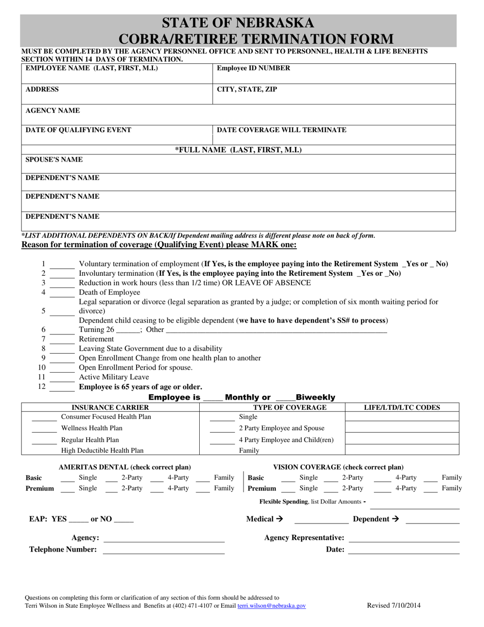 Cobra / Retiree Termination Form - Nebraska, Page 1