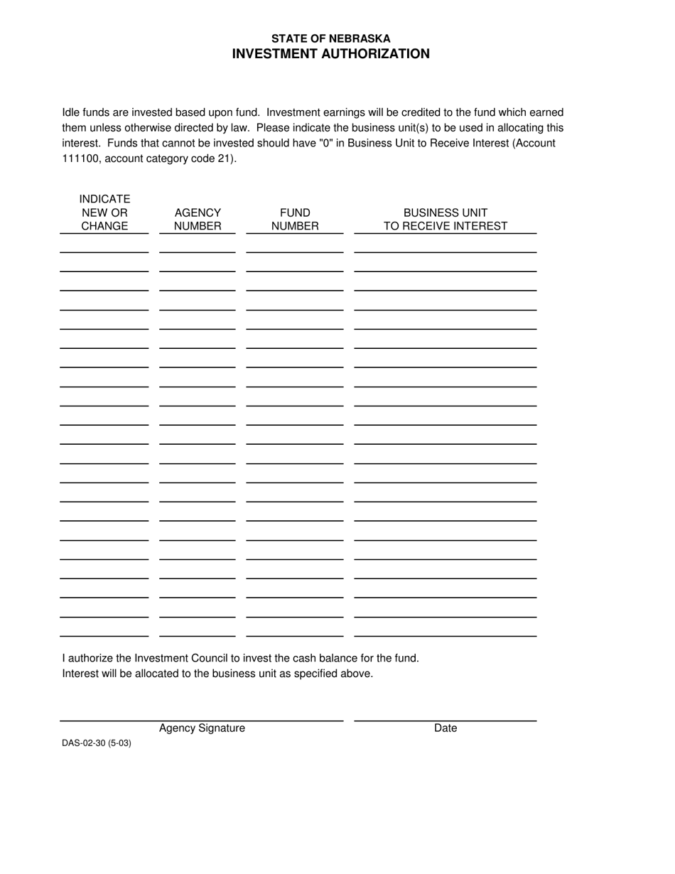 Form DAS-02-30 Investment Authorization - Nebraska, Page 1