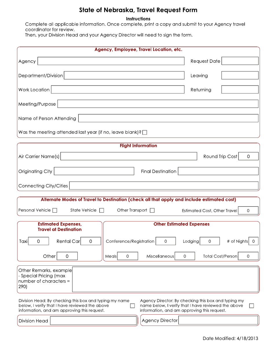 Travel Request Form - Nebraska, Page 1