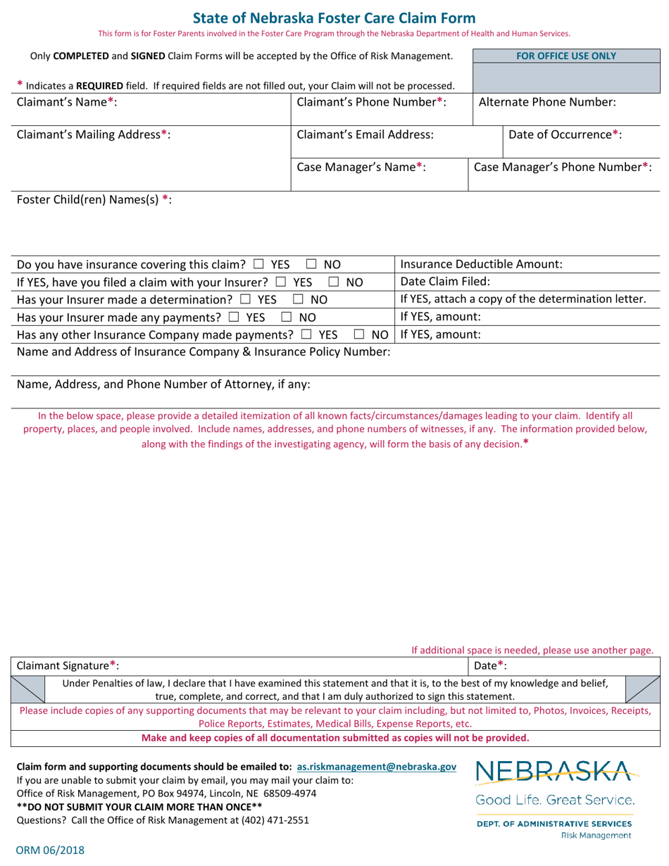 Nebraska State of Nebraska Foster Care Claim Form Download Fillable PDF