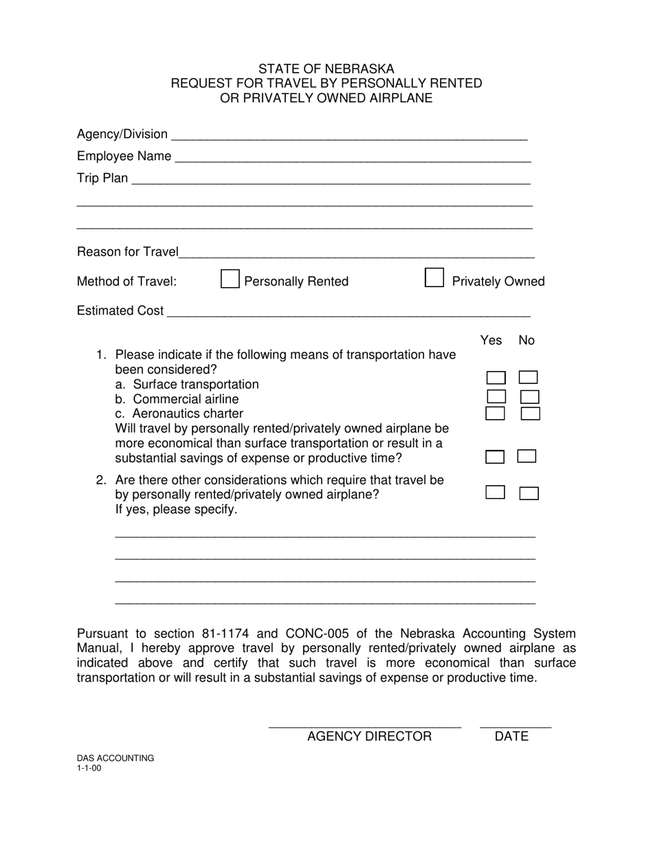 Request for Travel by Personally Rented or Privately Owned Airplane - Nebraska, Page 1