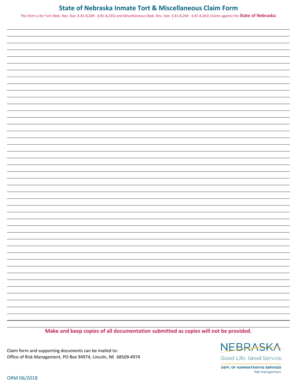 State of Nebraska Inmate Tort  Miscellaneous Claim Form - Nebraska, Page 2